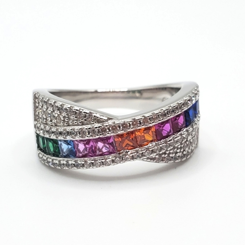 Princess Cut Multicolor Rainbow 925 Sterling Silver Multicolor CZ Twist Ring! - Picture 1 of 8